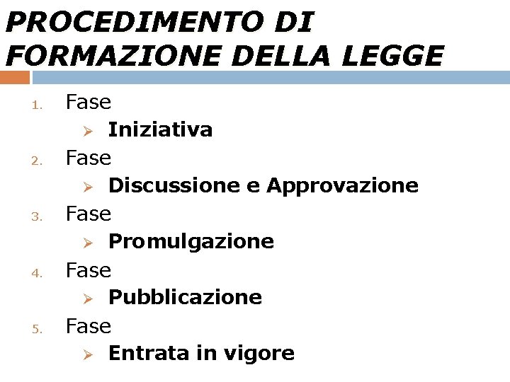 PROCEDIMENTO DI FORMAZIONE DELLA LEGGE 1. 2. 3. 4. 5. Fase Ø Iniziativa Fase