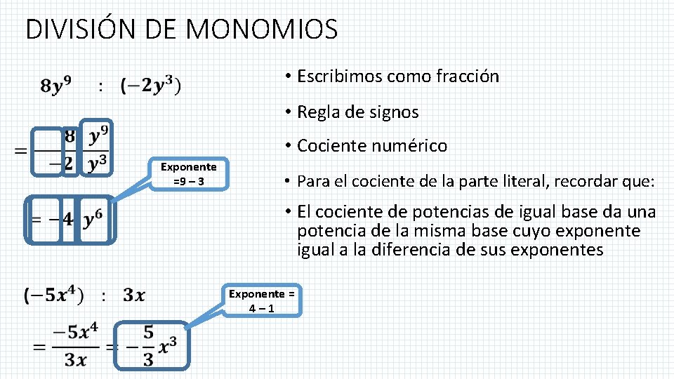 DIVISIÓN DE MONOMIOS • Escribimos como fracción • Regla de signos • Cociente numérico DIVISIÓN DE MONOMIOS • Escribimos como fracción • Regla de signos • Cociente numérico