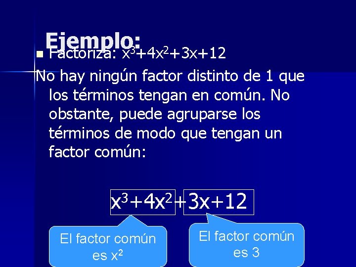 Ejemplo: n Factoriza: x 3+4 x 2+3 x+12 No hay ningún factor distinto de