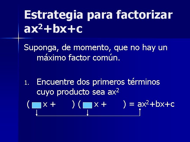 Estrategia para factorizar 2 ax +bx+c Suponga, de momento, que no hay un máximo