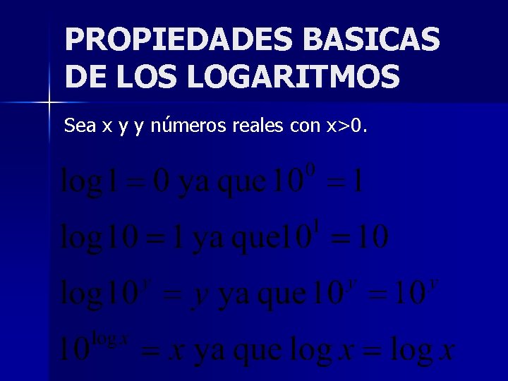 PROPIEDADES BASICAS DE LOS LOGARITMOS Sea x y y números reales con x>0. 