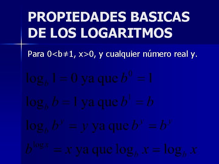 PROPIEDADES BASICAS DE LOS LOGARITMOS Para 0<b≠ 1, x>0, y cualquier número real y.