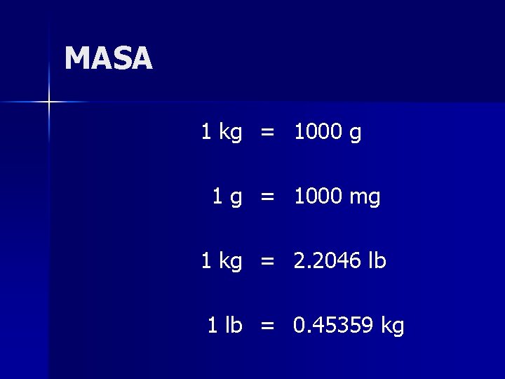 MASA 1 kg = 1000 g 1 g = 1000 mg 1 kg =