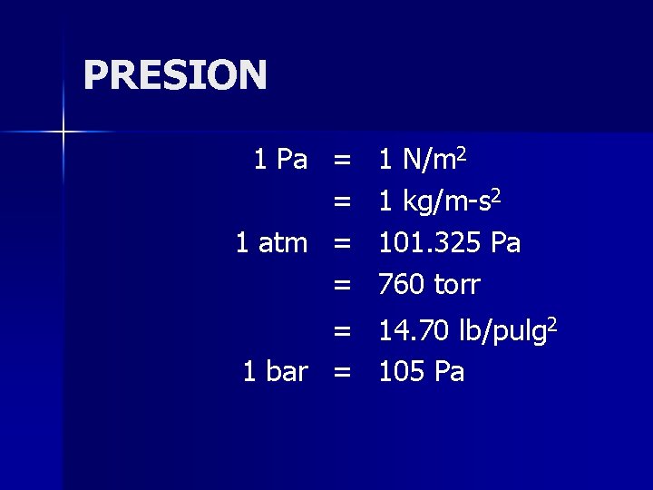 PRESION 1 Pa = = 1 atm = = 1 N/m 2 1 kg/m-s