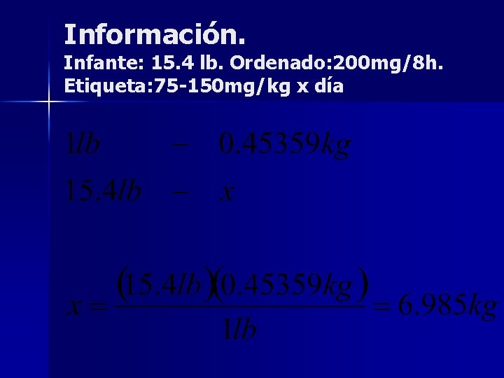 Información. Infante: 15. 4 lb. Ordenado: 200 mg/8 h. Etiqueta: 75 -150 mg/kg x