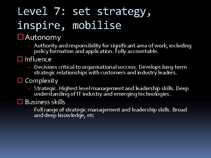 Level 7: set strategy, inspire, mobilise Autonomy – Authority and responsibility for significant area