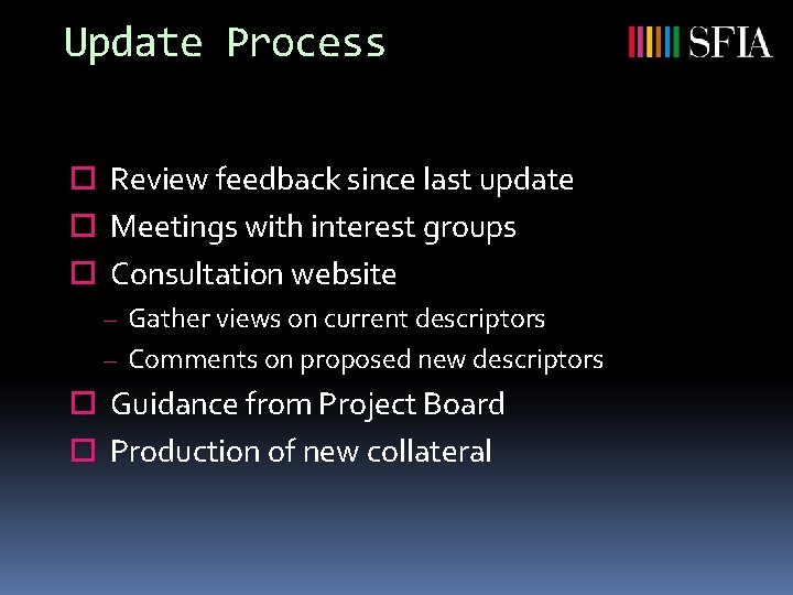 Update Process Review feedback since last update Meetings with interest groups Consultation website –