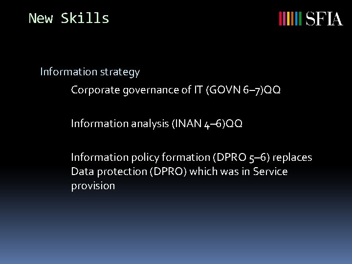 New Skills Information strategy Corporate governance of IT (GOVN 6– 7)QQ Information analysis (INAN