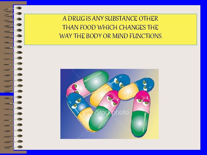 A DRUG IS ANY SUBSTANCE OTHER THAN FOOD WHICH CHANGES THE WAY THE BODY