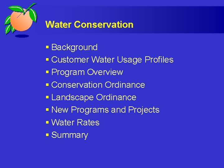 Water Conservation § Background § Customer Water Usage Profiles § Program Overview § Conservation