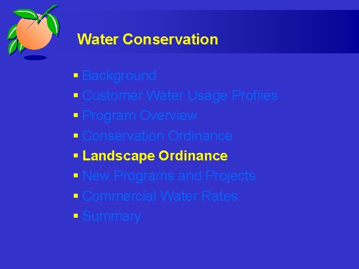 Water Conservation § Background § Customer Water Usage Profiles § Program Overview § Conservation