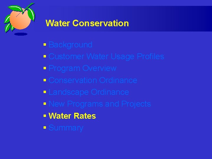 Water Conservation § Background § Customer Water Usage Profiles § Program Overview § Conservation