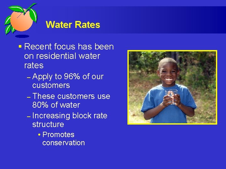 Water Rates § Recent focus has been on residential water rates Apply to 96%