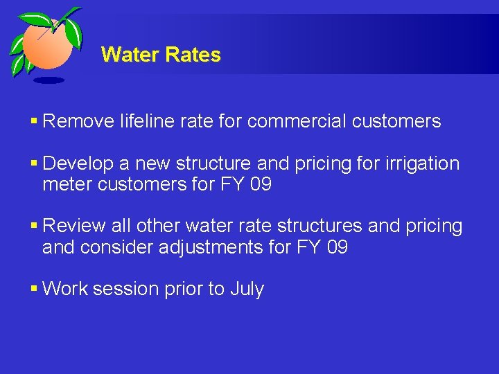 Water Rates § Remove lifeline rate for commercial customers § Develop a new structure