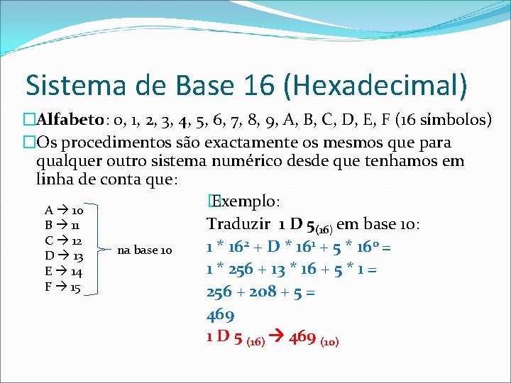 Sistema de Base 16 (Hexadecimal) �Alfabeto: 0, 1, 2, 3, 4, 5, 6, 7,