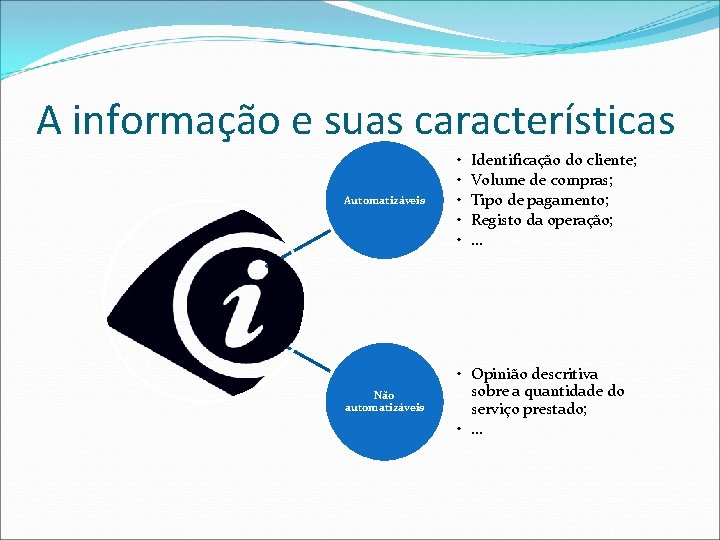 A informação e suas características Automatizáveis • • • Não automatizáveis • Opinião descritiva