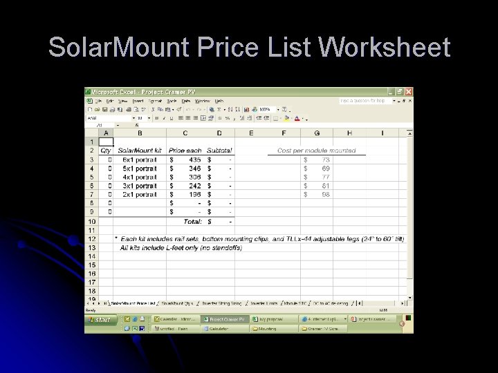 Solar. Mount Price List Worksheet 