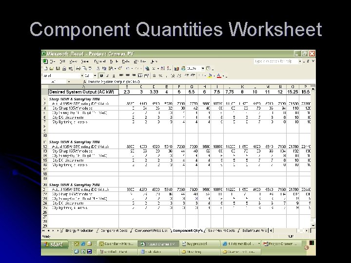 Component Quantities Worksheet 