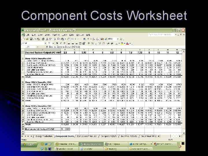 Component Costs Worksheet 