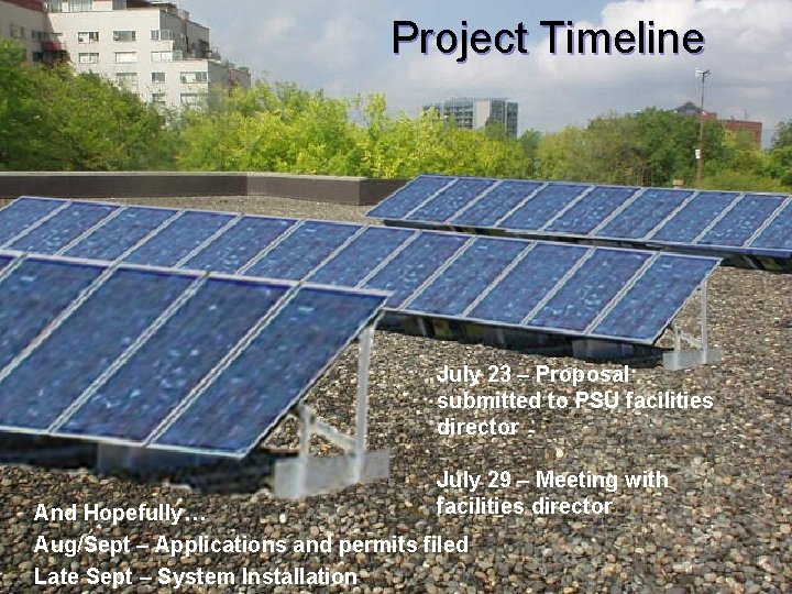 Project Timeline July 23 – Proposal submitted to PSU facilities director July 29 –