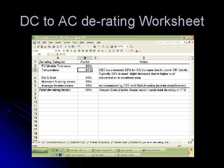 DC to AC de-rating Worksheet 