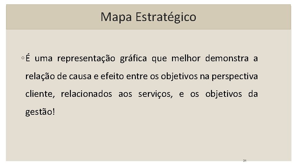 Mapa Estratégico ◦ É uma representação gráfica que melhor demonstra a relação de causa