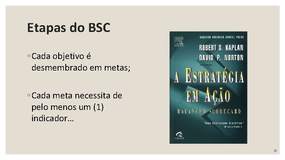 Etapas do BSC ◦ Cada objetivo é desmembrado em metas; ◦ Cada meta necessita