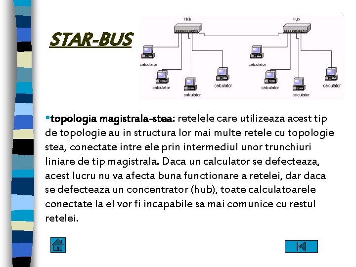 STAR-BUS §topologia magistrala-stea: retelele care utilizeaza acest tip de topologie au in structura lor