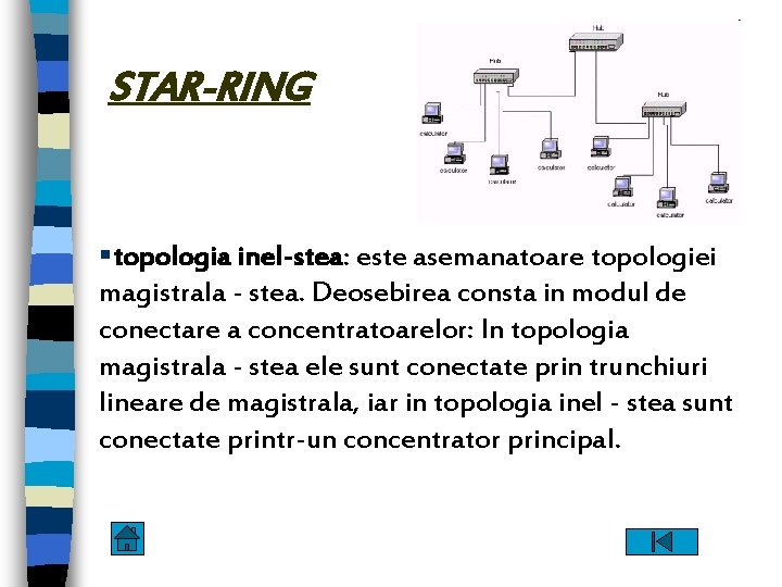STAR-RING §topologia inel-stea: este asemanatoare topologiei magistrala - stea. Deosebirea consta in modul de
