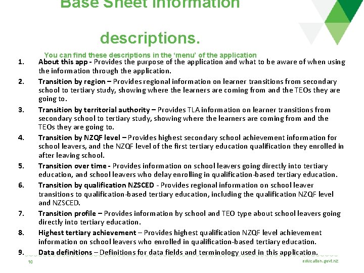 Base Sheet information descriptions. You can find these descriptions in the ‘menu’ of the