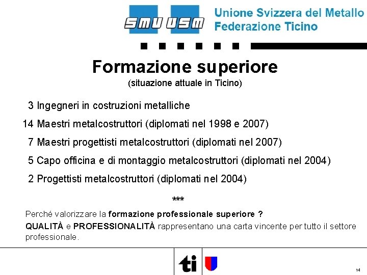 Formazione superiore (situazione attuale in Ticino) 3 Ingegneri in costruzioni metalliche 14 Maestri metalcostruttori