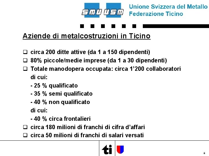 Aziende di metalcostruzioni in Ticino q circa 200 ditte attive (da 1 a 150