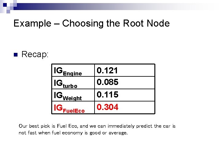 Example – Choosing the Root Node n Recap: IGEngine IGturbo IGWeight IGFuel. Eco 0. Example – Choosing the Root Node n Recap: IGEngine IGturbo IGWeight IGFuel. Eco 0.