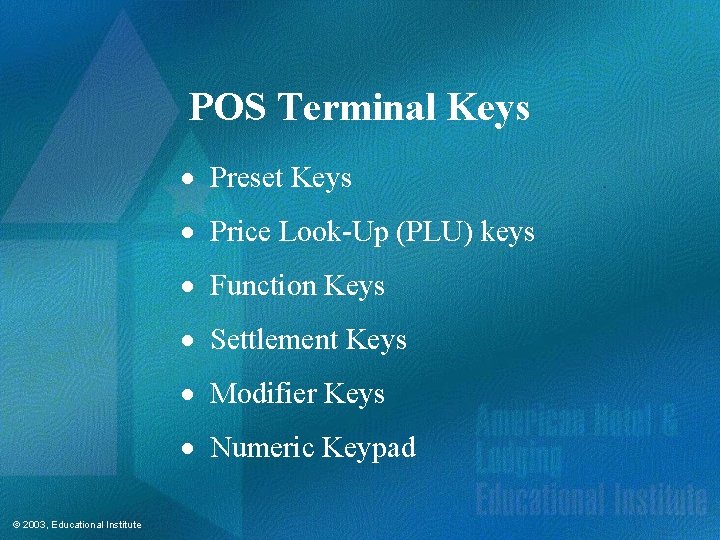 POS Terminal Keys · Preset Keys · Price Look-Up (PLU) keys · Function Keys