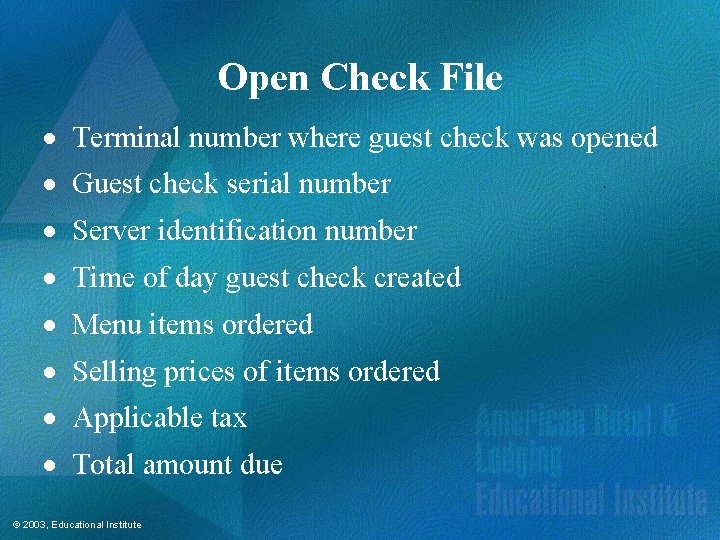 Open Check File · Terminal number where guest check was opened · Guest check