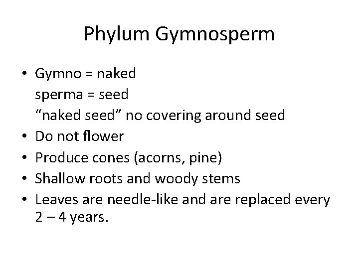 Phylum Gymnosperm • Gymno = naked sperma = seed “naked seed” no covering around