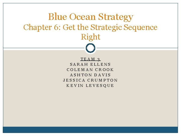 Blue Ocean Strategy Chapter 6: Get the Strategic Sequence Right TEAM 3 SARAH ELLENS