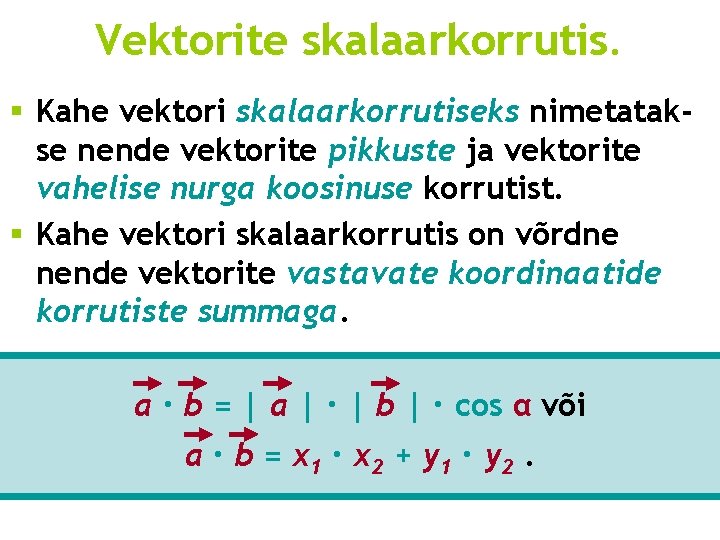 Vektorite skalaarkorrutis. § Kahe vektori skalaarkorrutiseks nimetatakse nende vektorite pikkuste ja vektorite vahelise nurga Vektorite skalaarkorrutis. § Kahe vektori skalaarkorrutiseks nimetatakse nende vektorite pikkuste ja vektorite vahelise nurga
