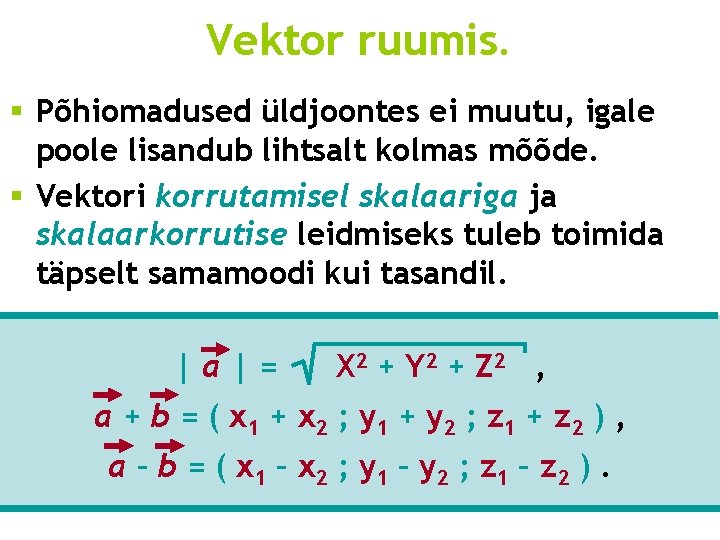 Vektor ruumis. § Põhiomadused üldjoontes ei muutu, igale poole lisandub lihtsalt kolmas mõõde. § Vektor ruumis. § Põhiomadused üldjoontes ei muutu, igale poole lisandub lihtsalt kolmas mõõde. §