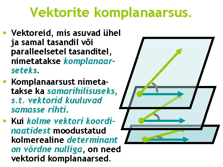 Vektorite komplanaarsus. § Vektoreid, mis asuvad ühel ja samal tasandil või paralleelsetel tasanditel, nimetatakse Vektorite komplanaarsus. § Vektoreid, mis asuvad ühel ja samal tasandil või paralleelsetel tasanditel, nimetatakse