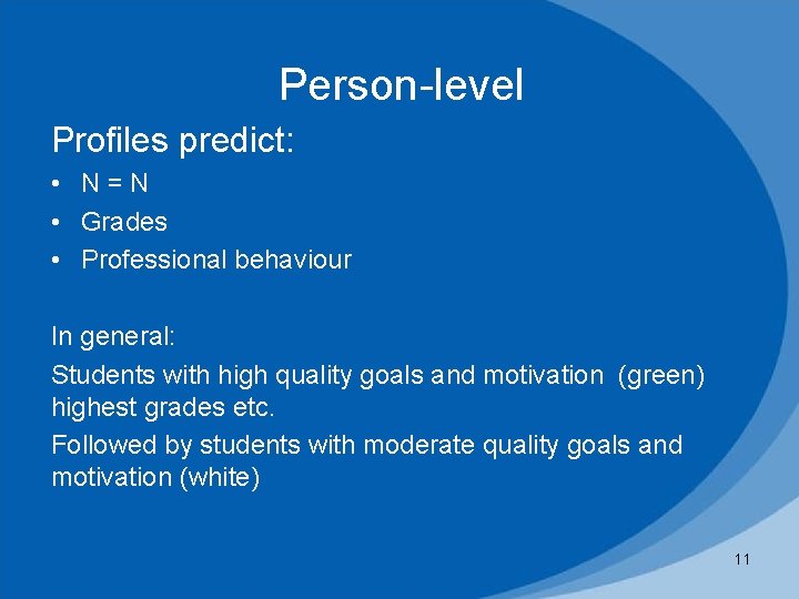 Person-level Profiles predict: • N=N • Grades • Professional behaviour In general: Students with