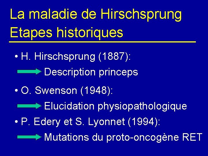 La maladie de Hirschsprung Etapes historiques • H. Hirschsprung (1887): Description princeps • O.