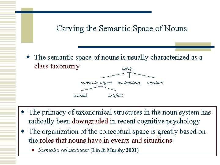 Carving the Semantic Space of Nouns w The semantic space of nouns is usually