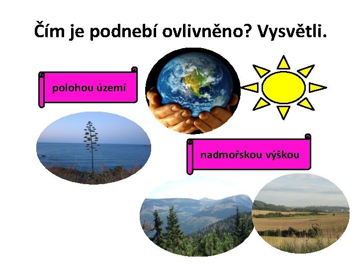 Čím je podnebí ovlivněno? Vysvětli. polohou území nadmořskou výškou 