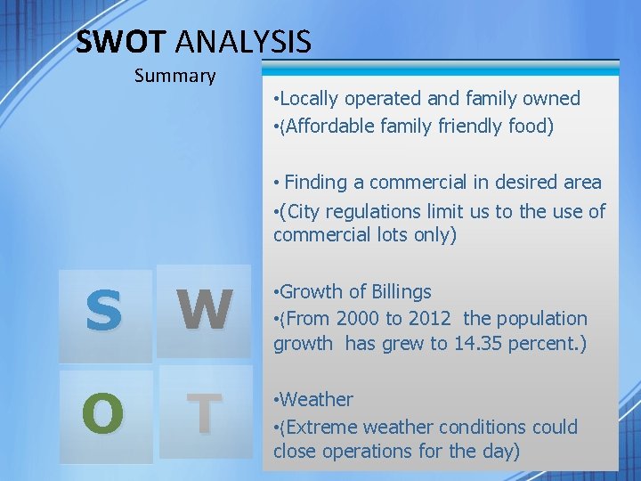 SWOT ANALYSIS Summary • Locally operated and family owned • (Affordable family friendly food)