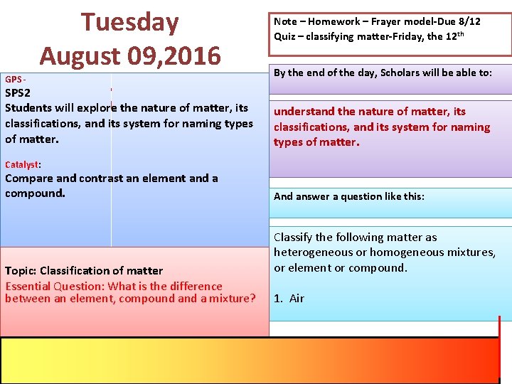 Tuesday August 09, 2016 GPS - SPS 2 80%of matter, its goal Students will.