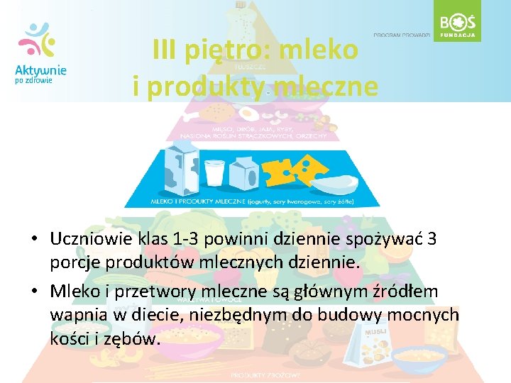 III piętro: mleko i produkty mleczne • Uczniowie klas 1 -3 powinni dziennie spożywać