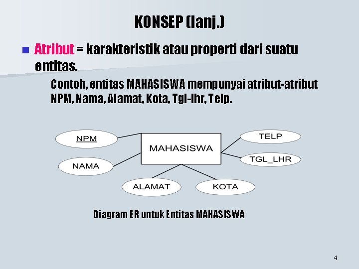 KONSEP (lanj. ) n Atribut = karakteristik atau properti dari suatu entitas. Contoh, entitas