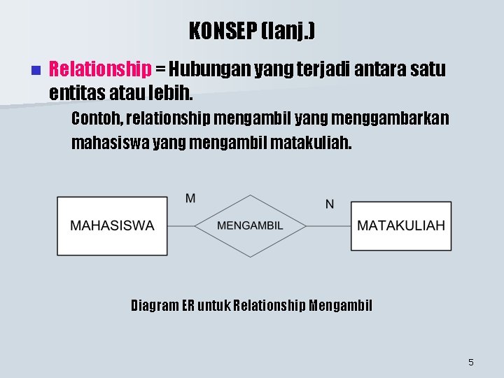 KONSEP (lanj. ) n Relationship = Hubungan yang terjadi antara satu entitas atau lebih.