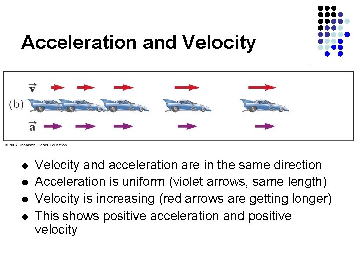 Acceleration and Velocity l l Velocity and acceleration are in the same direction Acceleration